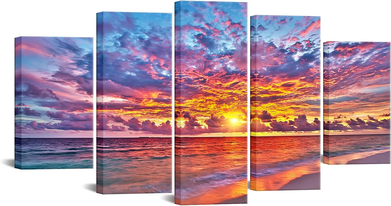 Amazing Sunset with Clouds Canvas Wall Art Beach Landscape Picture Wall Decor Ocean Seascape Painting Prints for Living Room Bedroom Stretched and Framed