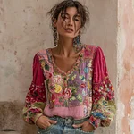 Women's Bohemian Floral Embroidery Patchwork Art V-neck Linen Blend T-shirt - Image 2