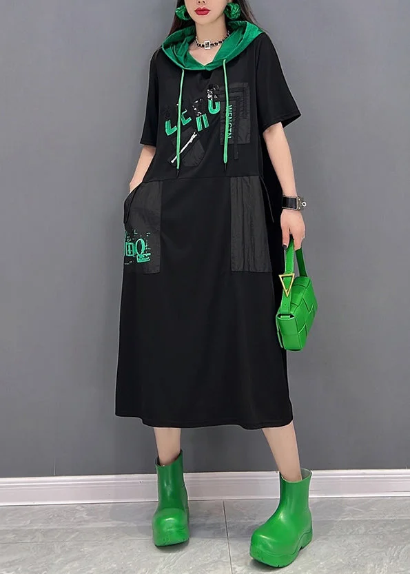 Handmade Black Drawstring Patchwork Pockets Hooded Long Dresses Short Sleeve