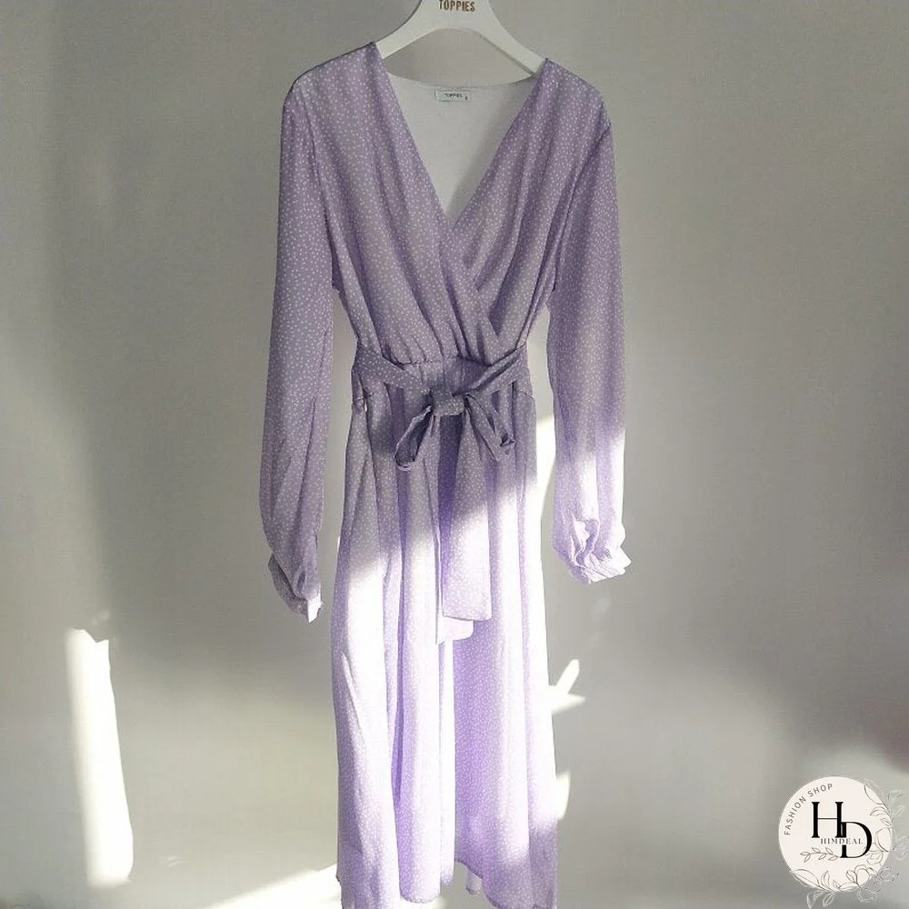 Toppies Women Dress Heart Print vestidos Wrap around v neck Long sleeve Fashion Pink Chiffon Dresses