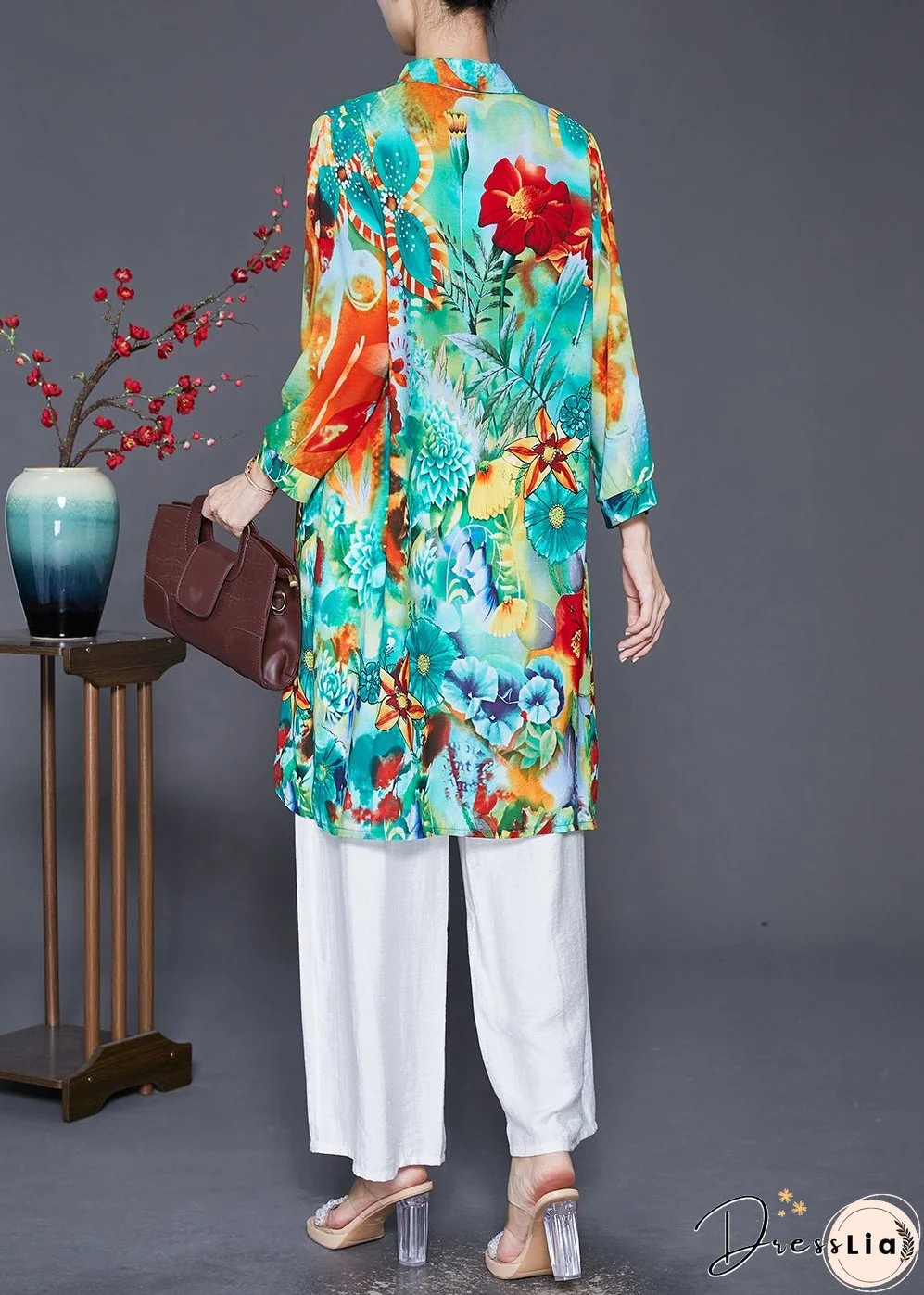 Women Green Asymmetrical Print Cotton Shirt Top Fall