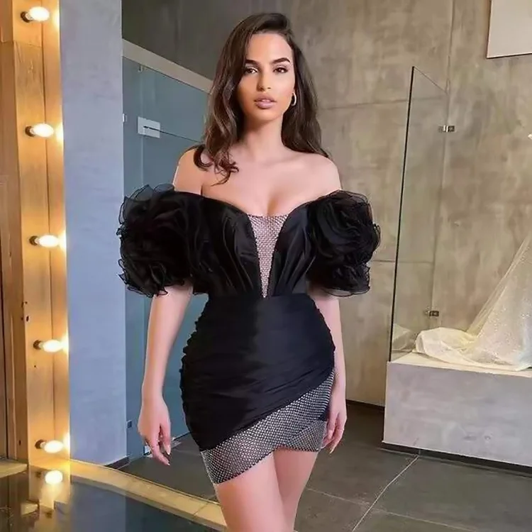 V Neck Puff Sleeve Mini Dress