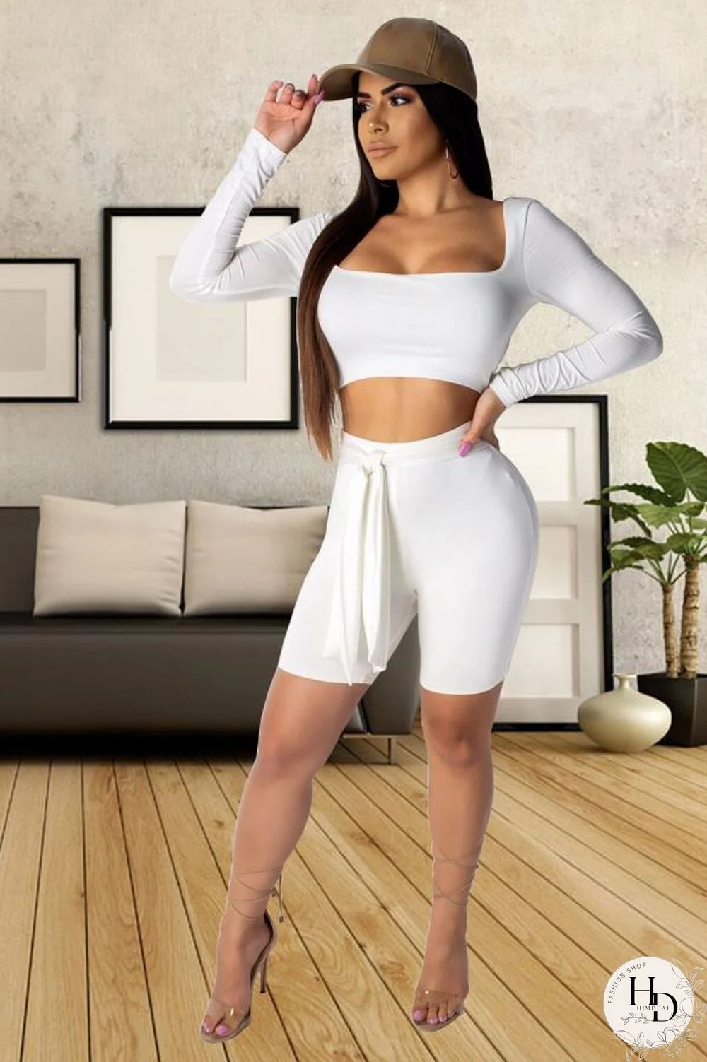 White Sexy Fashion crop top Solid backless Skinny Two-Piece Short Set