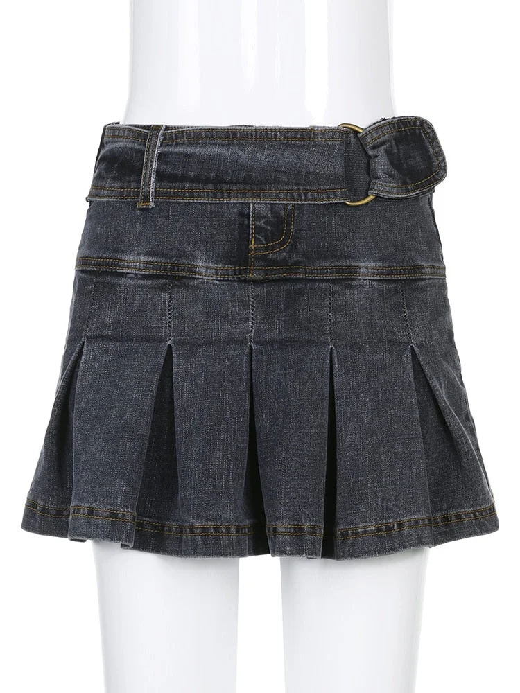 Retro Pleated Mini Denim Skirt Women High Waist A Line Brown Micro Skirt Femme Girls Hot Jeans Skirts Grunge Bottom Iamhotty