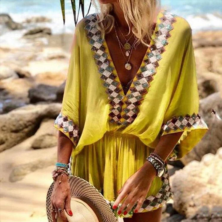 V Neck Batwing Summer Beach Printed Mini Dress