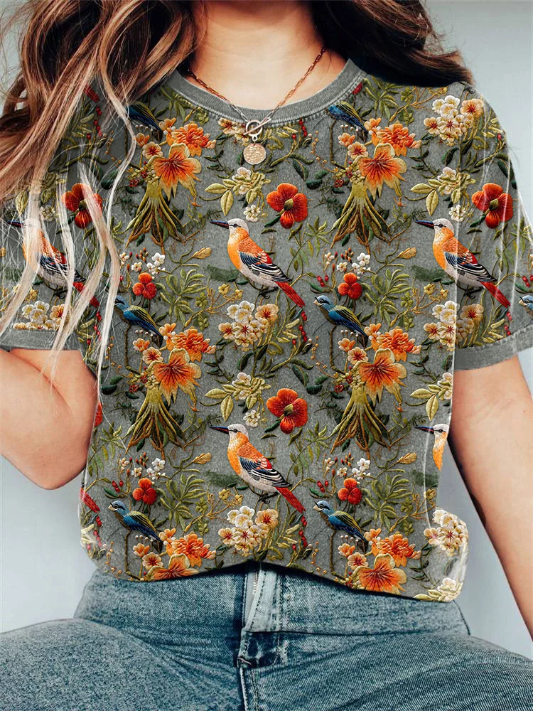 VChics Flower & Bird Embroidery Pattern Cozy T-Shirt