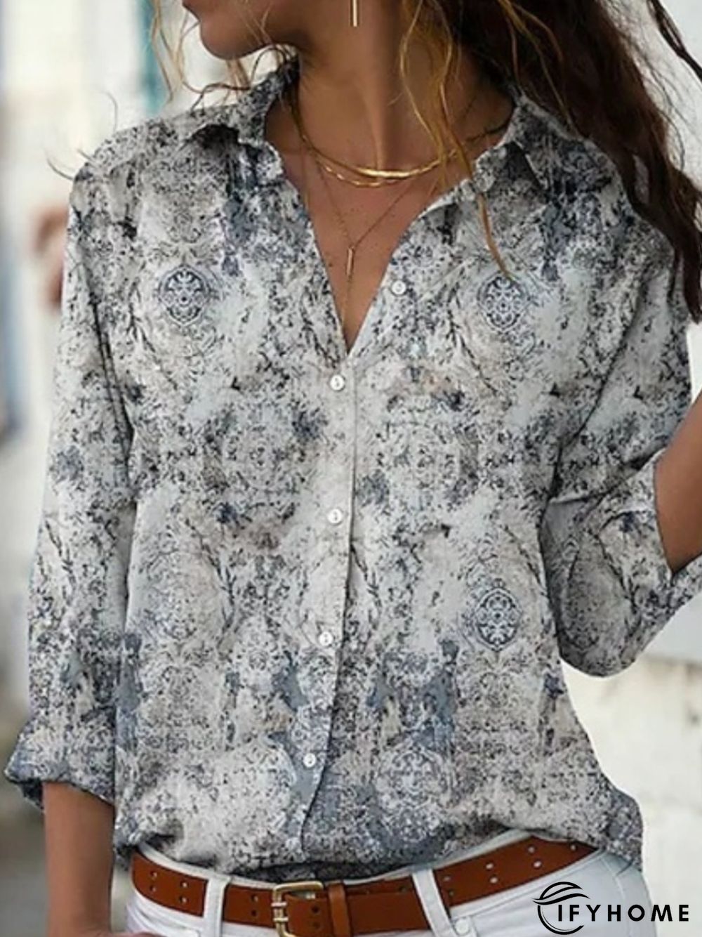 Women's Daily Casual Boho Long Sleeve Shirt Collar Printed Blouse | IFYHOME