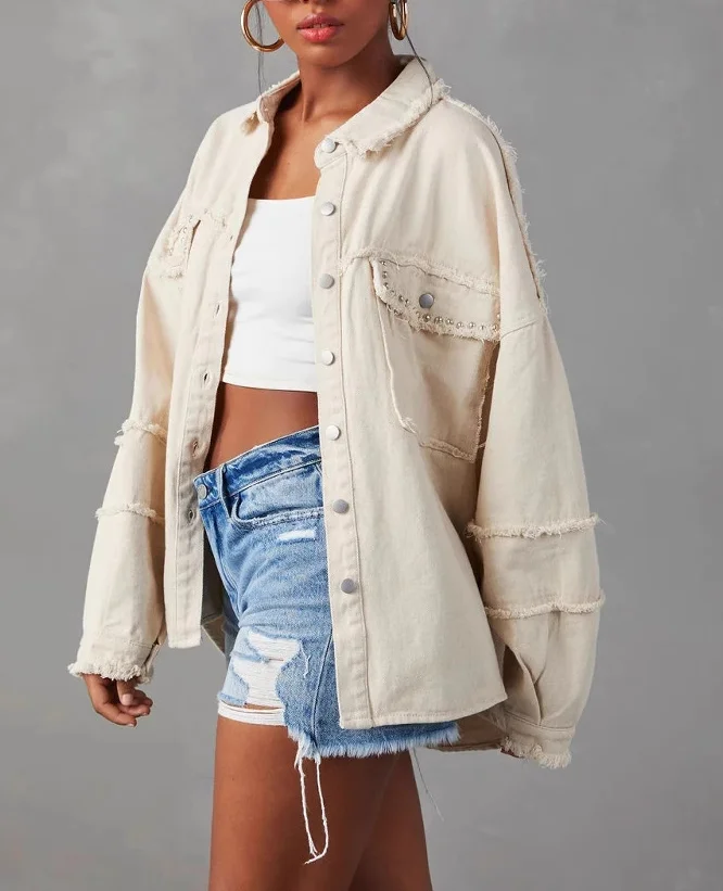 Women's Denim Suit Rivet Lapel Beard Denim Jacket
