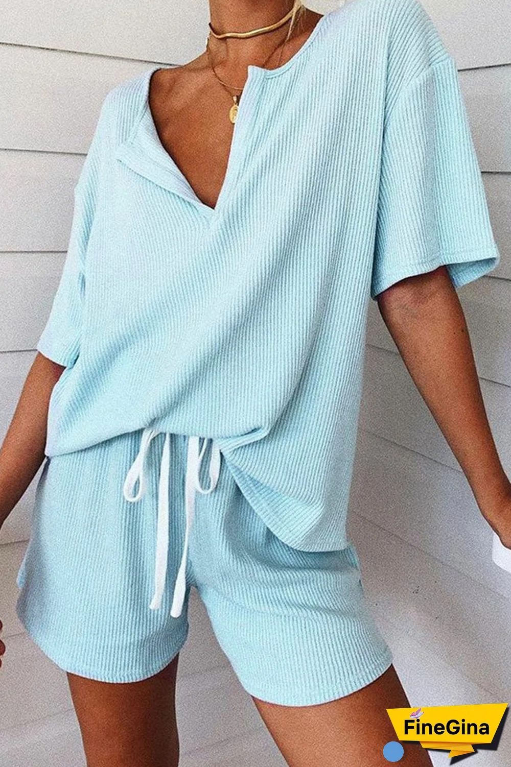 Fashion Living Solid Frenulum V Neck Short Sleeve Two Pieces
