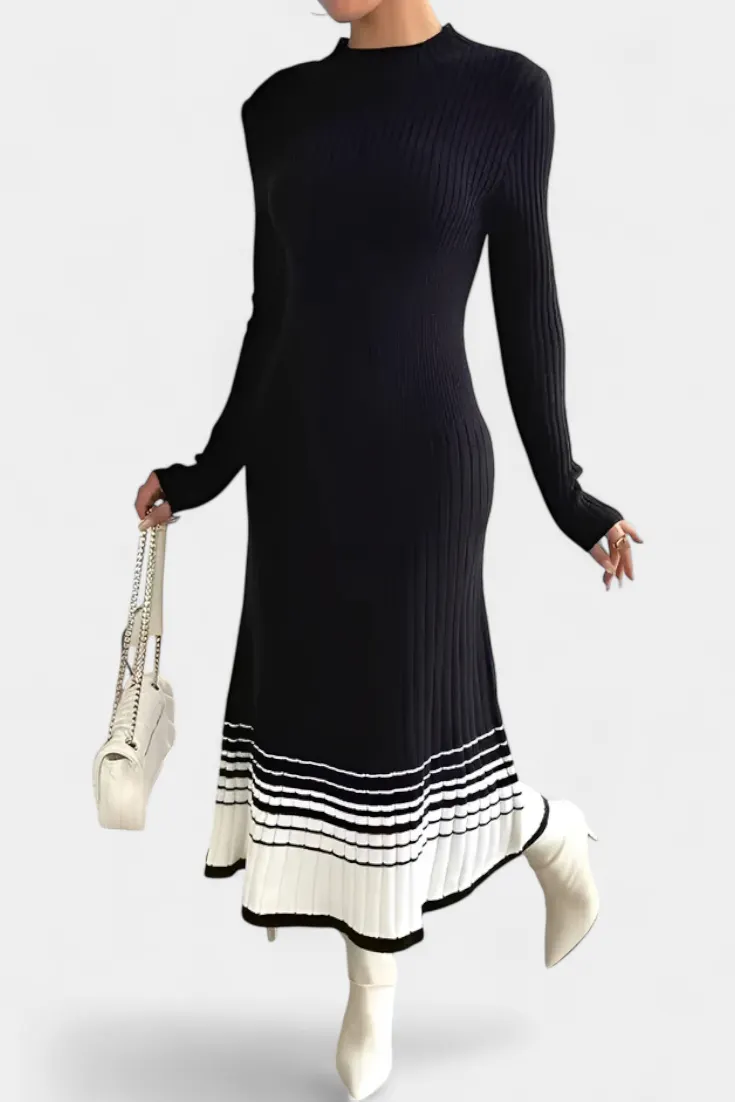 Ribbed Long Sleeve Midi Dress with Pleated Hem