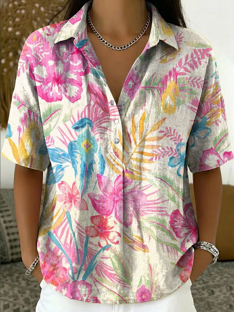 Women's Vintage Botanical Floral Casual Polo Collar Short-sleeved Linen And Cotton Shirt