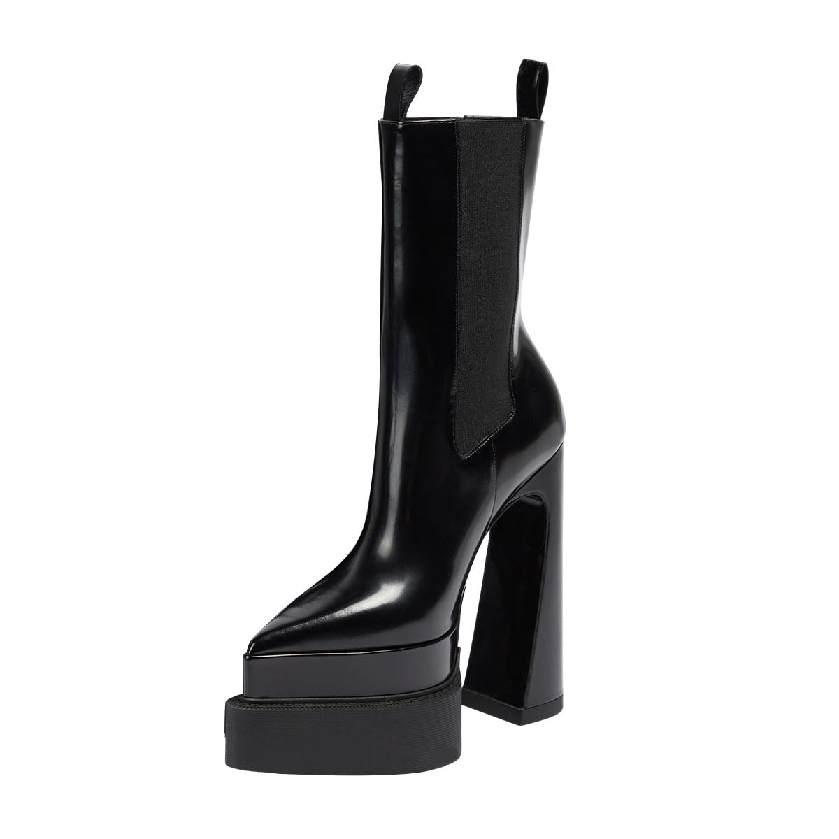 Black Pull-On Pointed Toe Chunky Heeled Booties with Platform Nicepairs