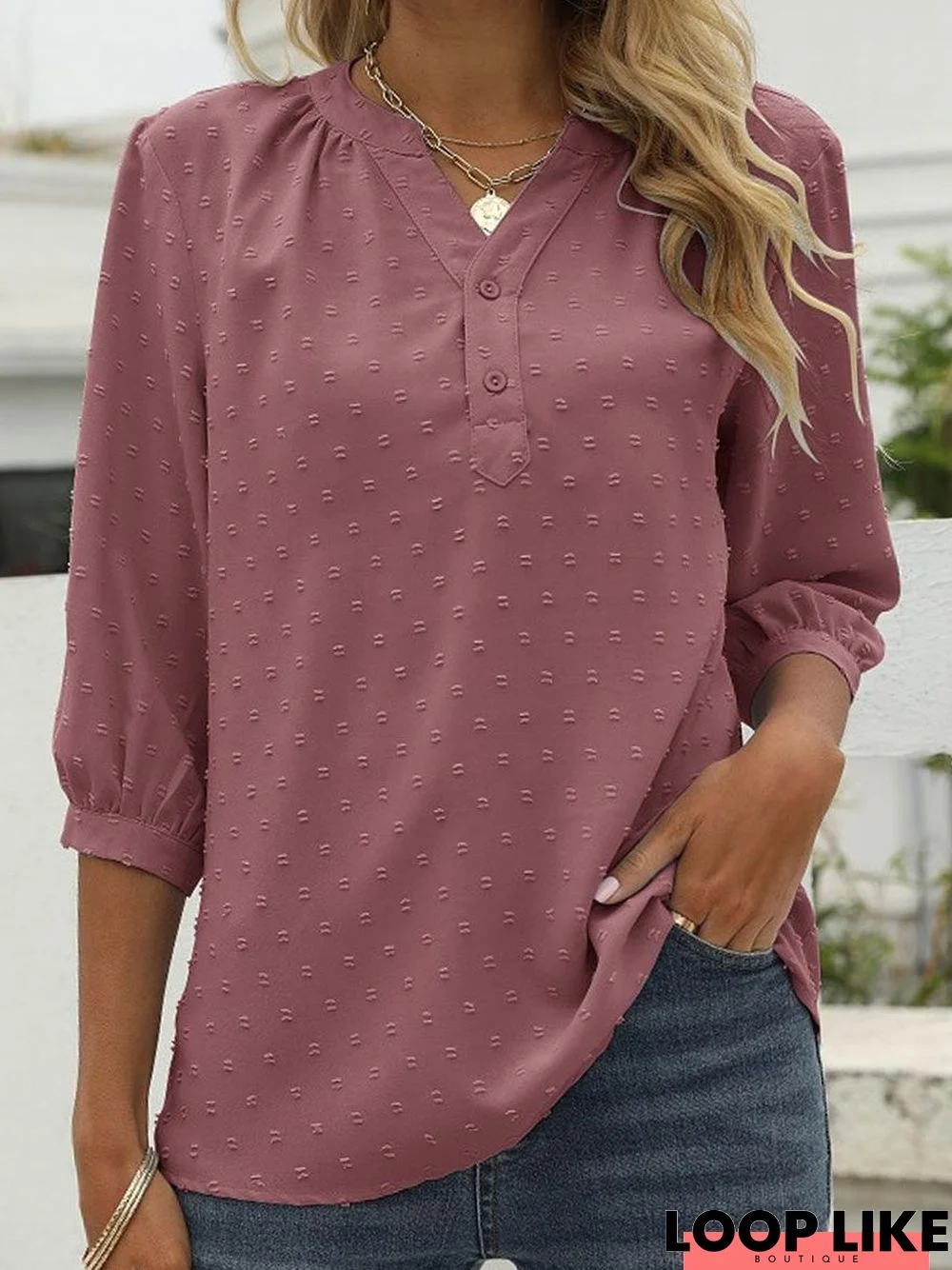 Solid Color V-Neck Casual Short Sleeve Blouse