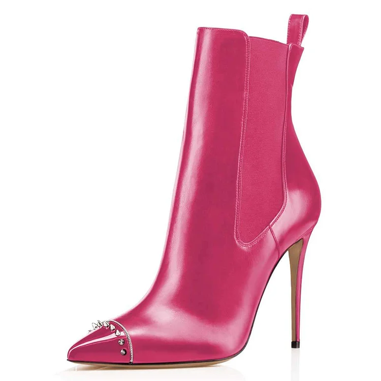 Hot Pink Studded Pointy Toe Stiletto Heel Fashion Ankle Boots |FSJ Shoes