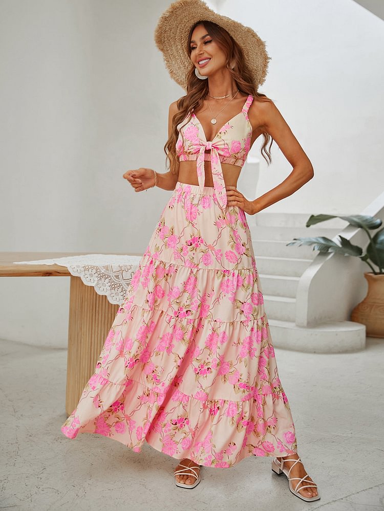 Two Piece Printed Suspender Top Maxi Dress Set