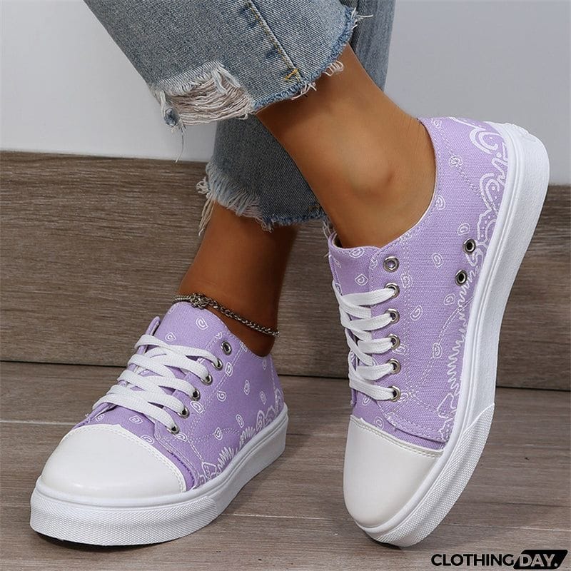 Cute Round Toe Lace Up Cartoon Print Canvas Loafers for Women