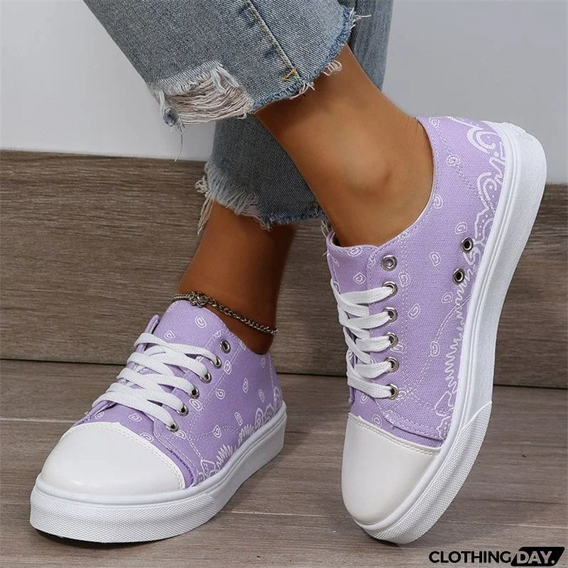 Cute Round Toe Lace Up Cartoon Print Canvas Loafers for Women