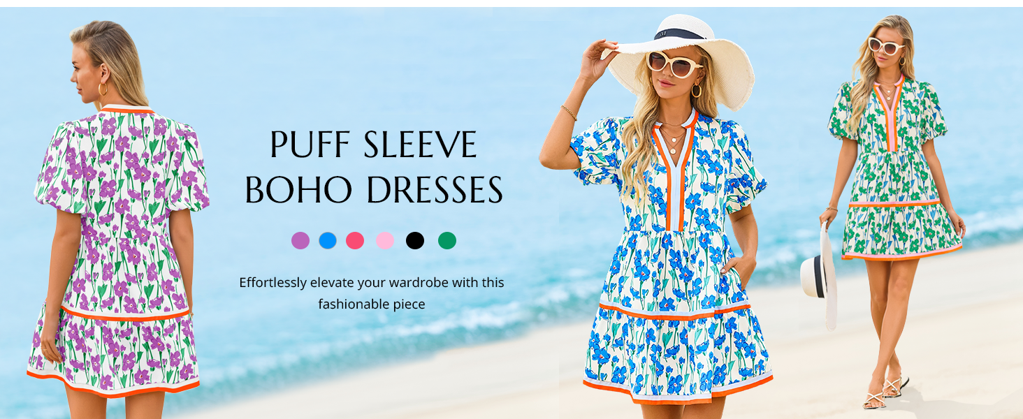 Cicy Bell Womens V Neck Floral Mini Dress Short Puff Sleeve Patchwork Summer Casual Boho Dresses