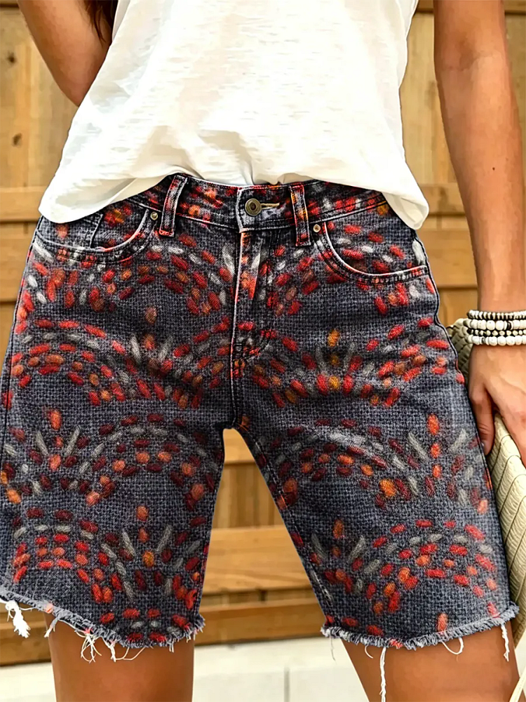 Women's Vintage Print Denim Shorts
