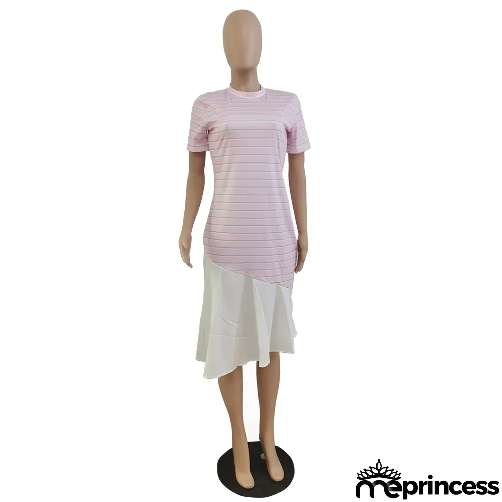 Women'S Spring Summer Stripe Print Patchwork Short Sleeve Dress Without Belt