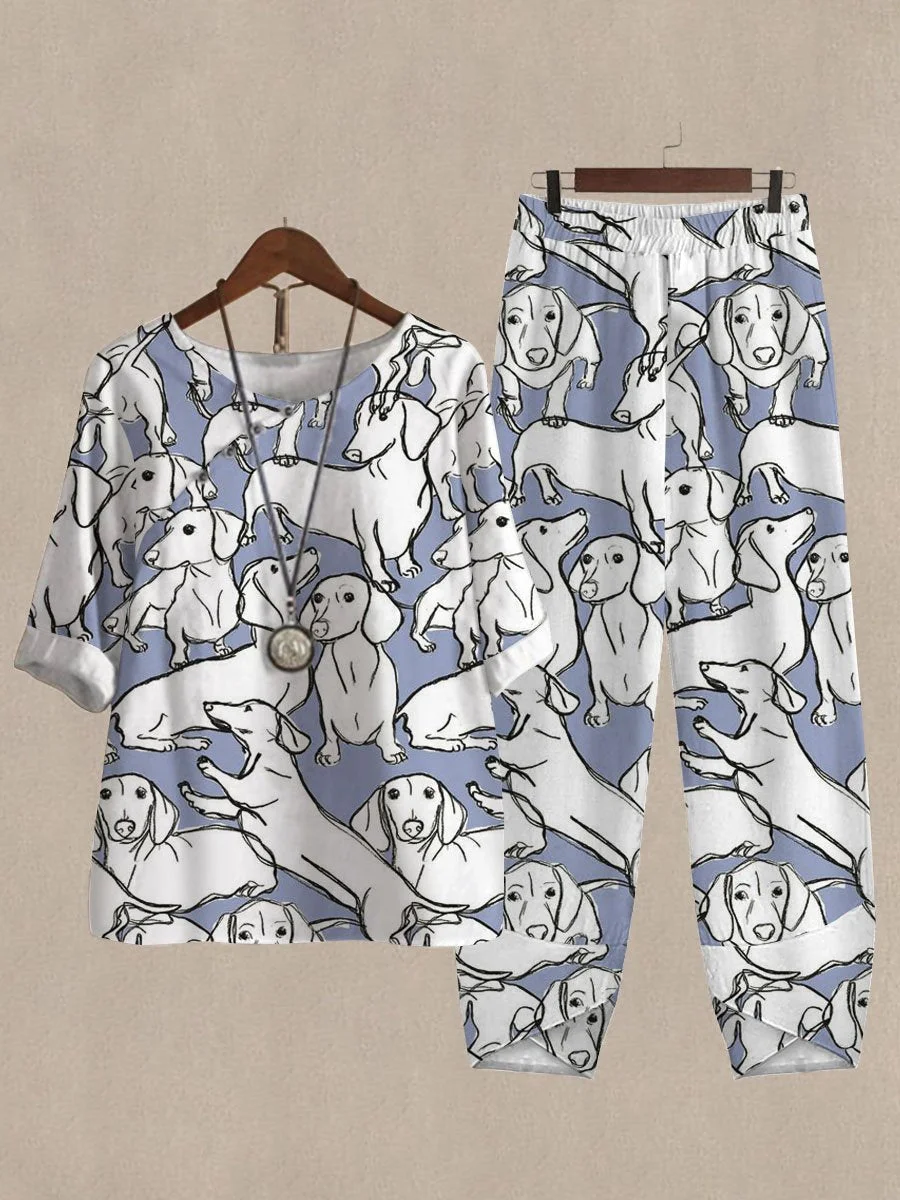 Cute Dachshund Print Top And Pants Two-piece Suits
