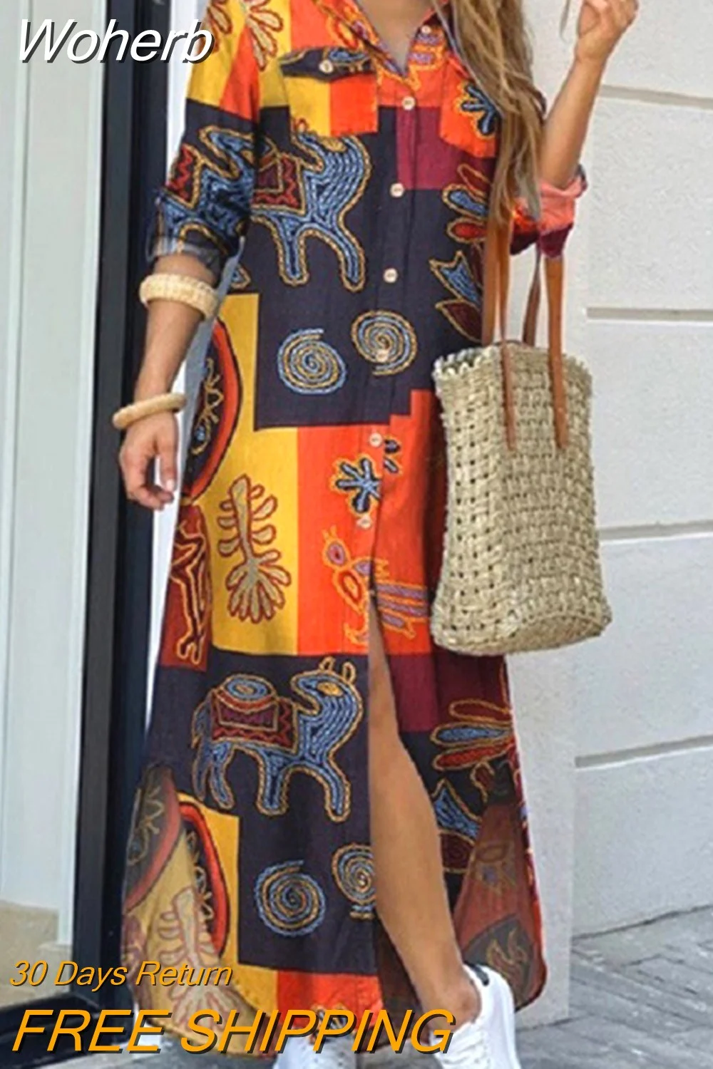 Woherb Dresses for Women S~5xl Scarf Chain Print Button Down Shirt Dress Y2k Vestidos De Mujer Casual Elegant Midi Robe Female-Outfit Ideas