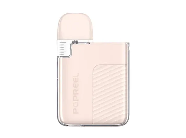 Apricot UWELL Popreel PK1 13w pod system, vertical POPREEL logo, clear pod with fill marks.
