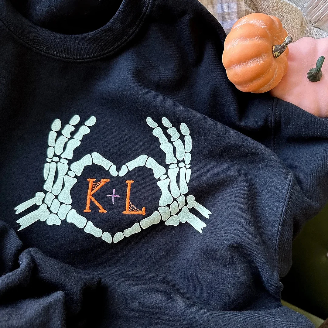 Skeleton Heart Hands Monogrammed Spooky Sweatshirt