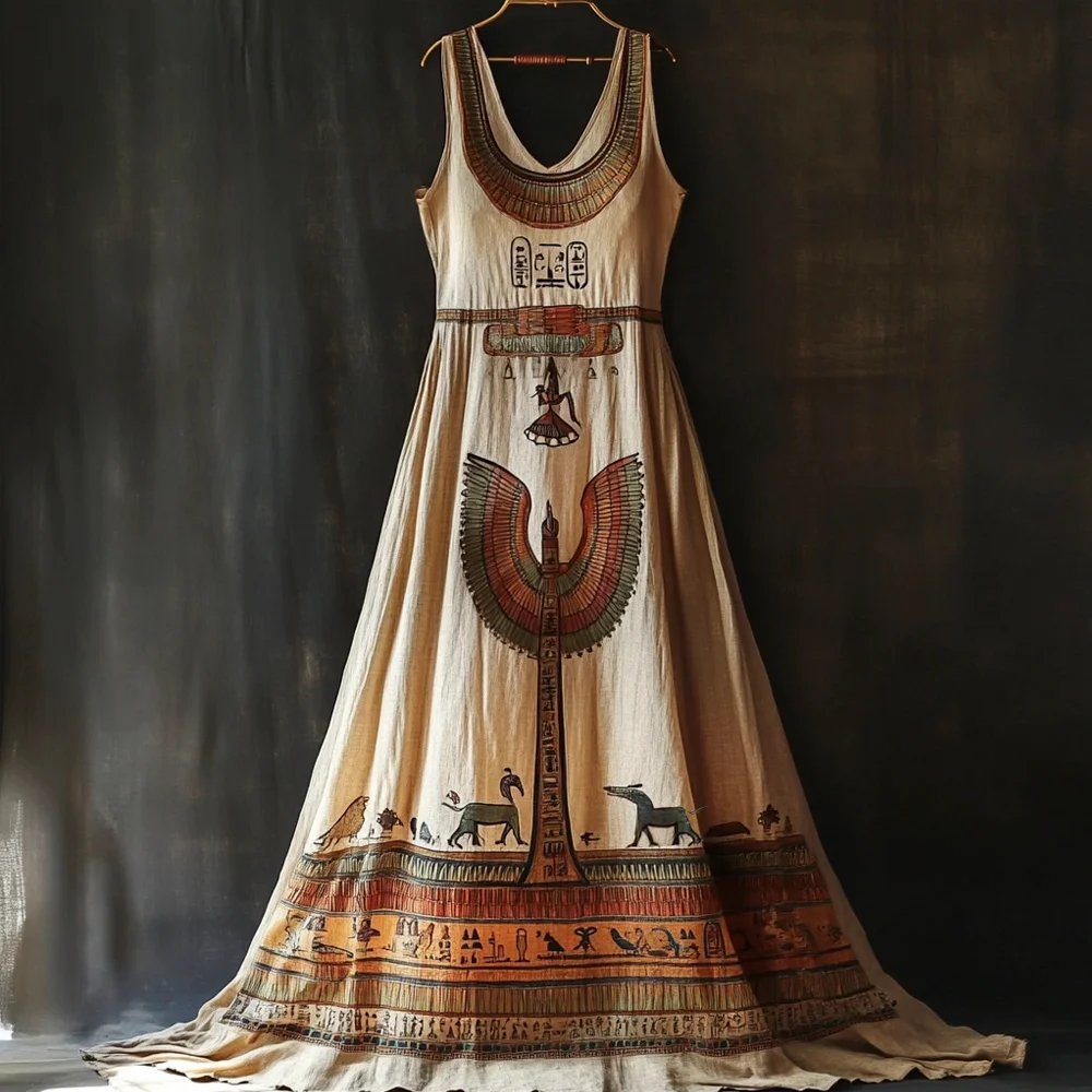 Vintage Egyptian Mythological Elements Printed Women's Linen Vest Large Hem Maxi Dress