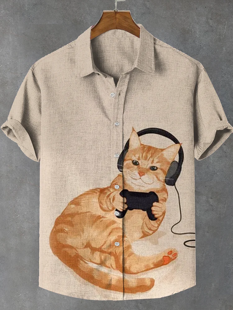 Men's Chilling Cat Listening to Music Playing Games Print Casual Shirt