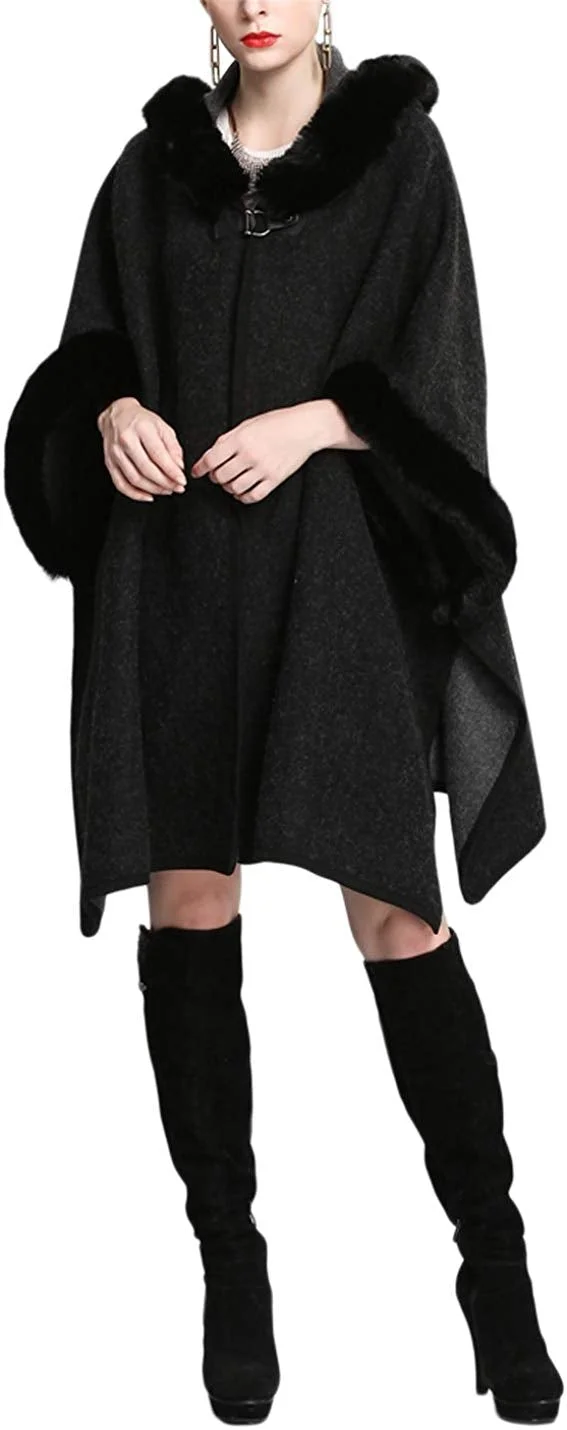 Women's Batwing Faux Fur Hooded Cloak Poncho Cape