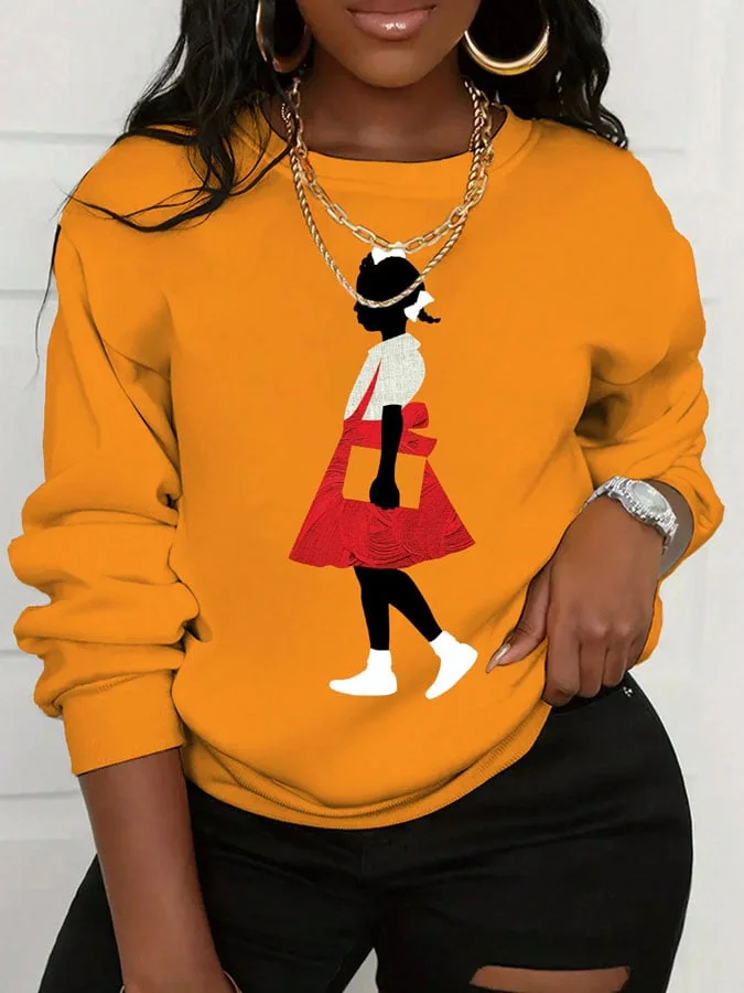 Women's  Black Girl In Red Dress Art Print Casual Sweatshirt 