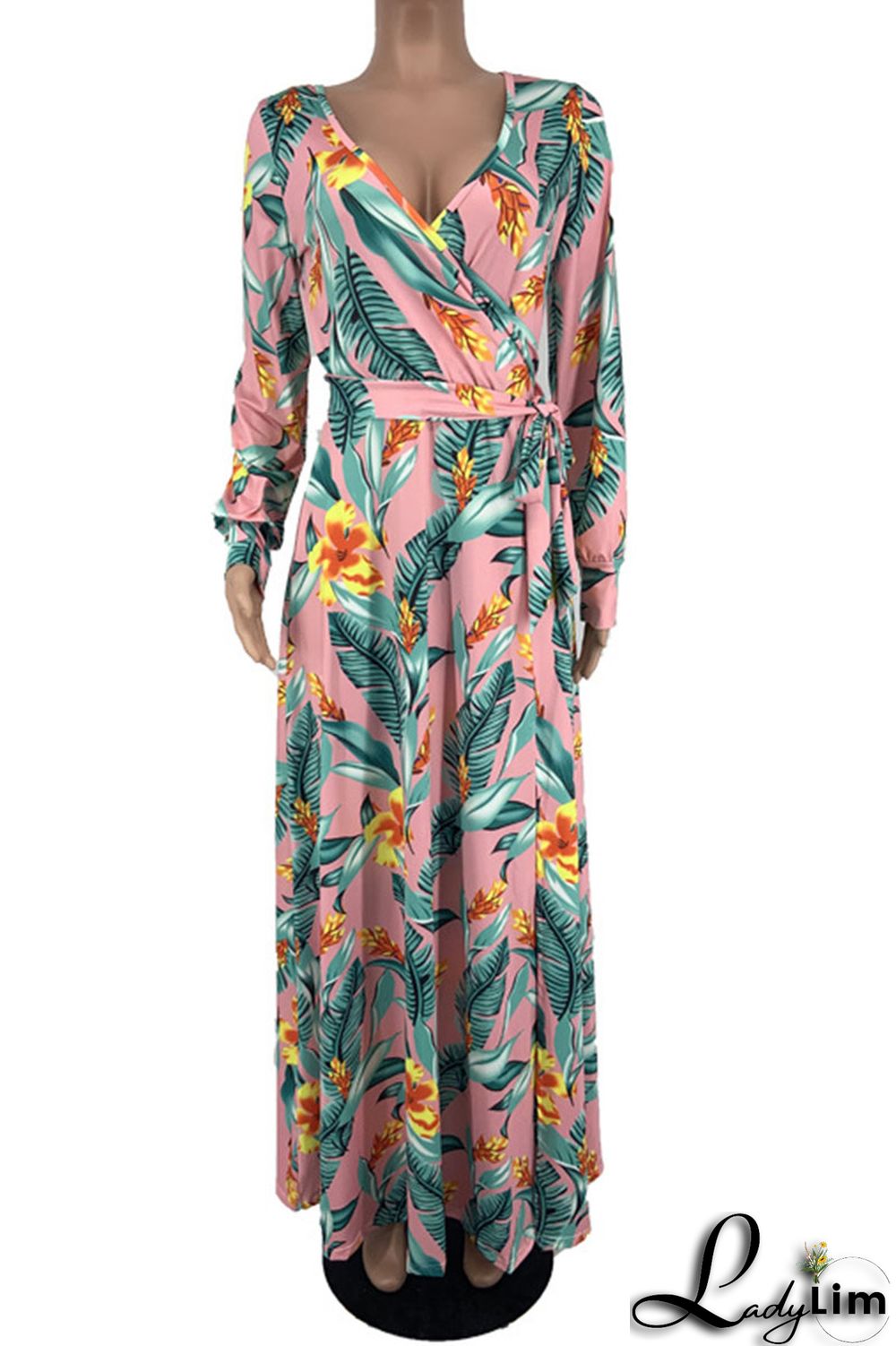 Pink Sweet Elegant Print Patchwork V Neck Straight Dresses