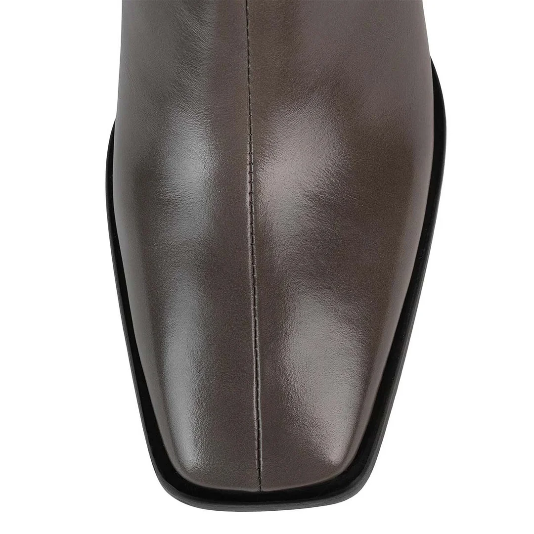 Vegan Leather Square Toe Chunky Heel Zipper Grey Booties for Women