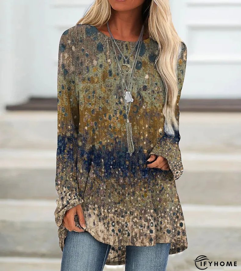 Casual Women's Crew Neck Top Loose Long Sleeve Vintage Print Pullover Fashion T-Shirt | IFYHOME