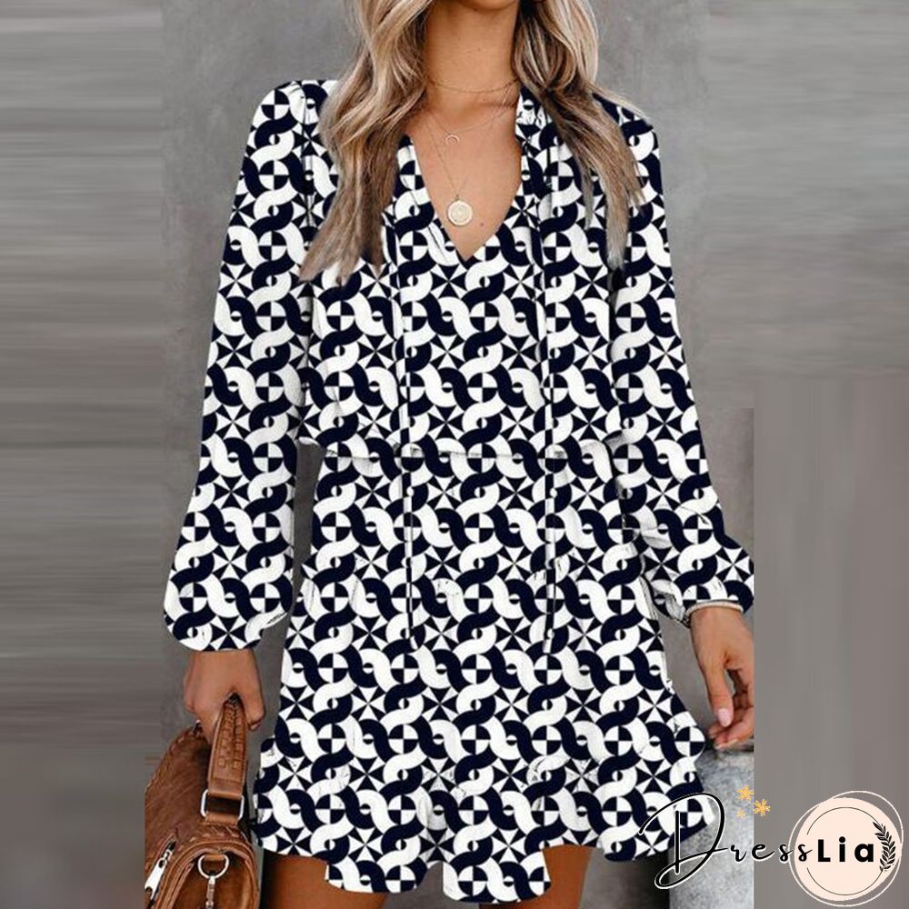 Vintage Floral Printed Mini Dress Women Casual Long Sleeve V Neck Lace-up Early Autumn Dress Fashion Loose Waist Ruffle Dresses