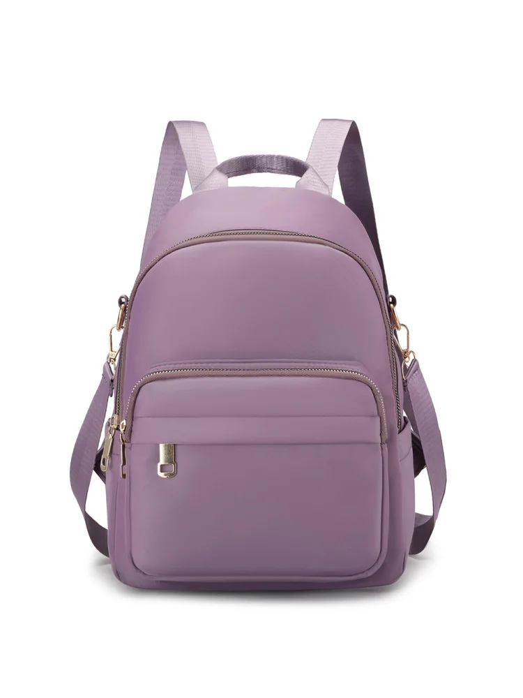 Women Nylon Solid Color Backpack Zipper Large Capacity Laptop Bag (Purple)