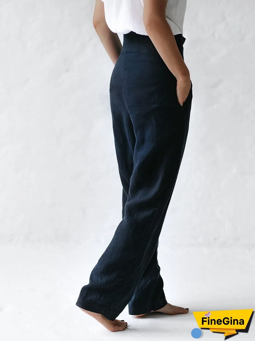 Blue Cotton Linen Lace Up Casual Pants