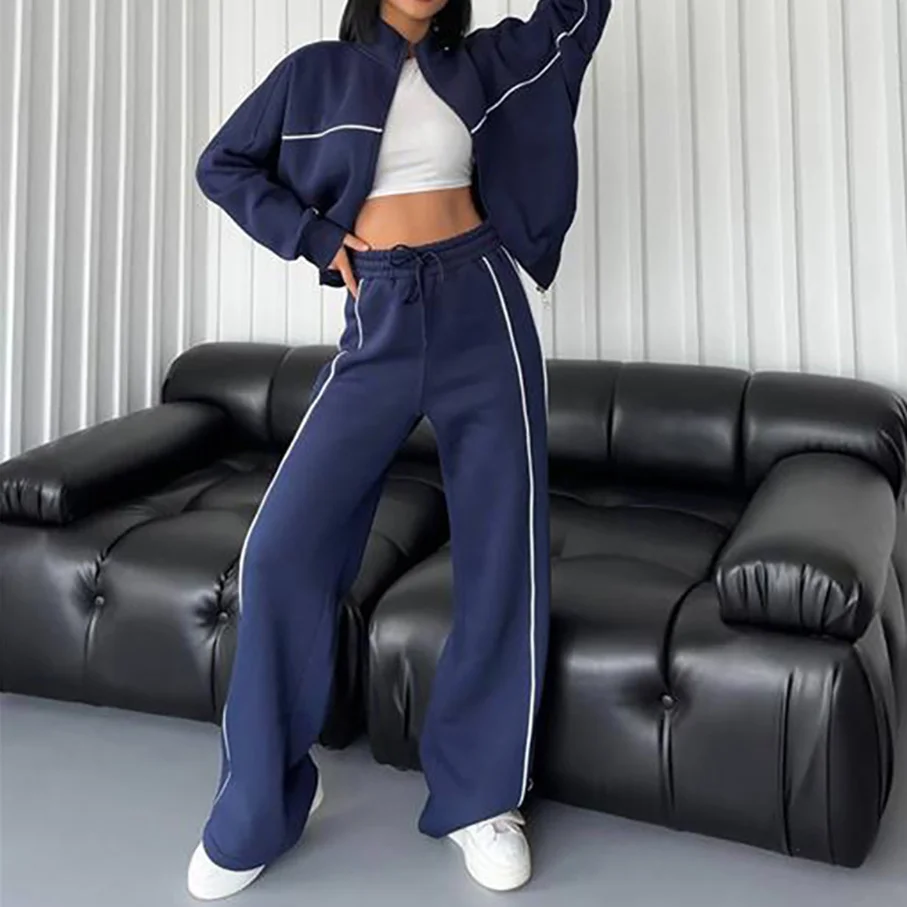 Casual Set Long Sleeve Half High Neck Cardigan Sweatshirt Lace Up Striped Pants