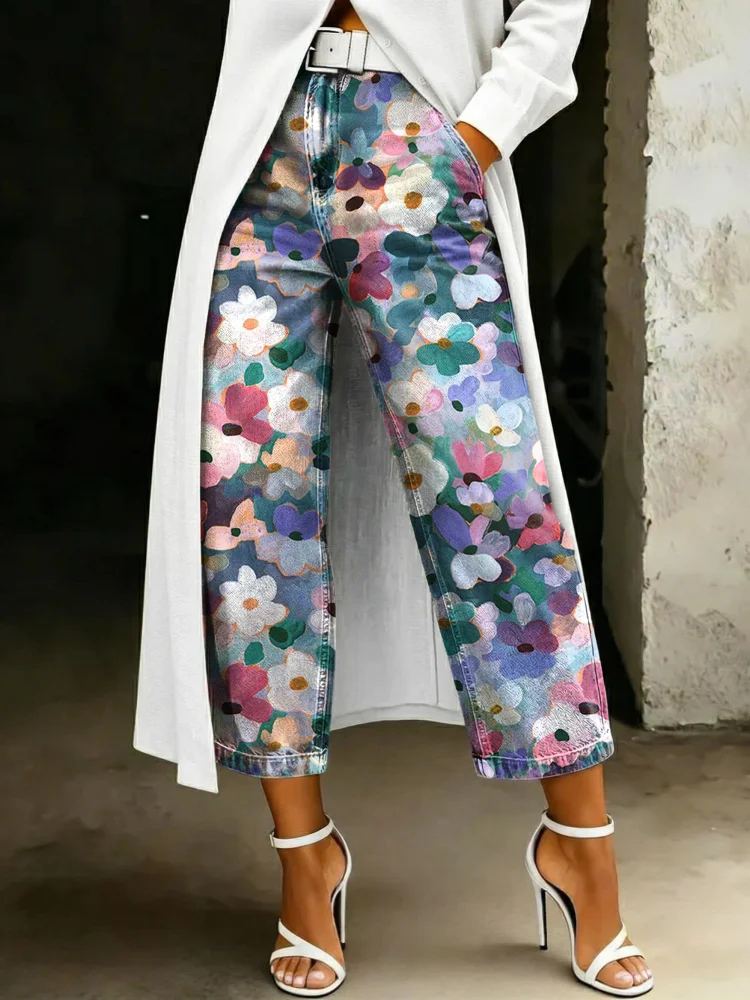 Women's Fashion Cute Floral Graffiti Artistic Print Casual Wide-leg Jeans