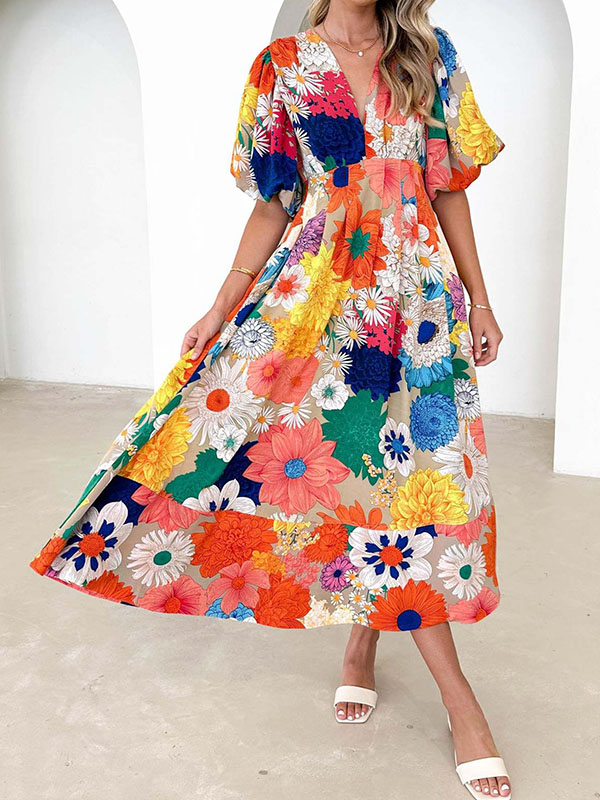 Contrast Color Pleated Zipper A-Line High Waisted Deep V-Neck Maxi Dresses