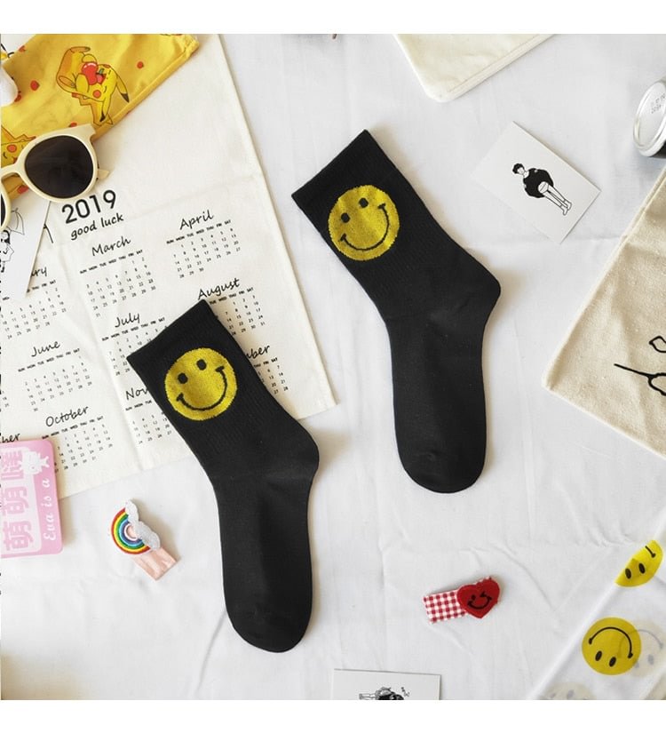 5pairs/set Women's Socks Big Smile Face Mid-calf Length Media Corta Crew Female Cotton Sock Couple Socks