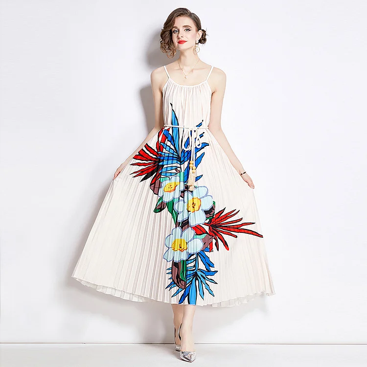Elegant Printed Pleated Sleeveless Midi Dress