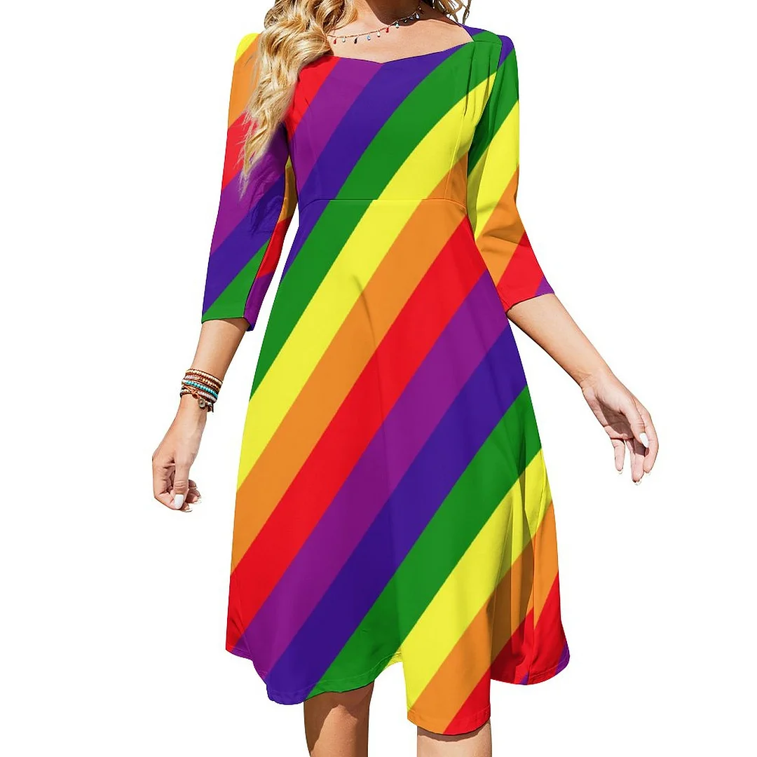Gay Pride Lgbtq Rainbow Colors Striped Dress Sweetheart Tie Back Flared 3/4 Sleeve Midi Dresses