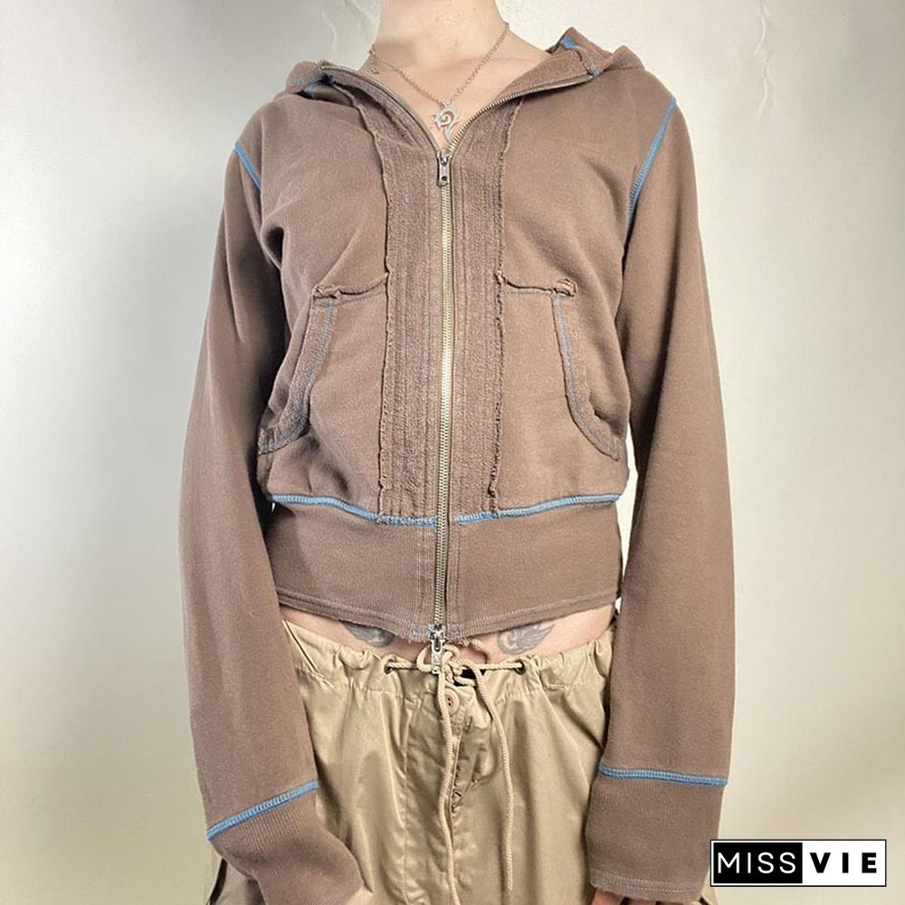 Vintage Sweatshirt Y2k Aesthetic Fairycore Grunge Zip Up Long Sleeve Tops With Pockets Hoodie Women Streetwear