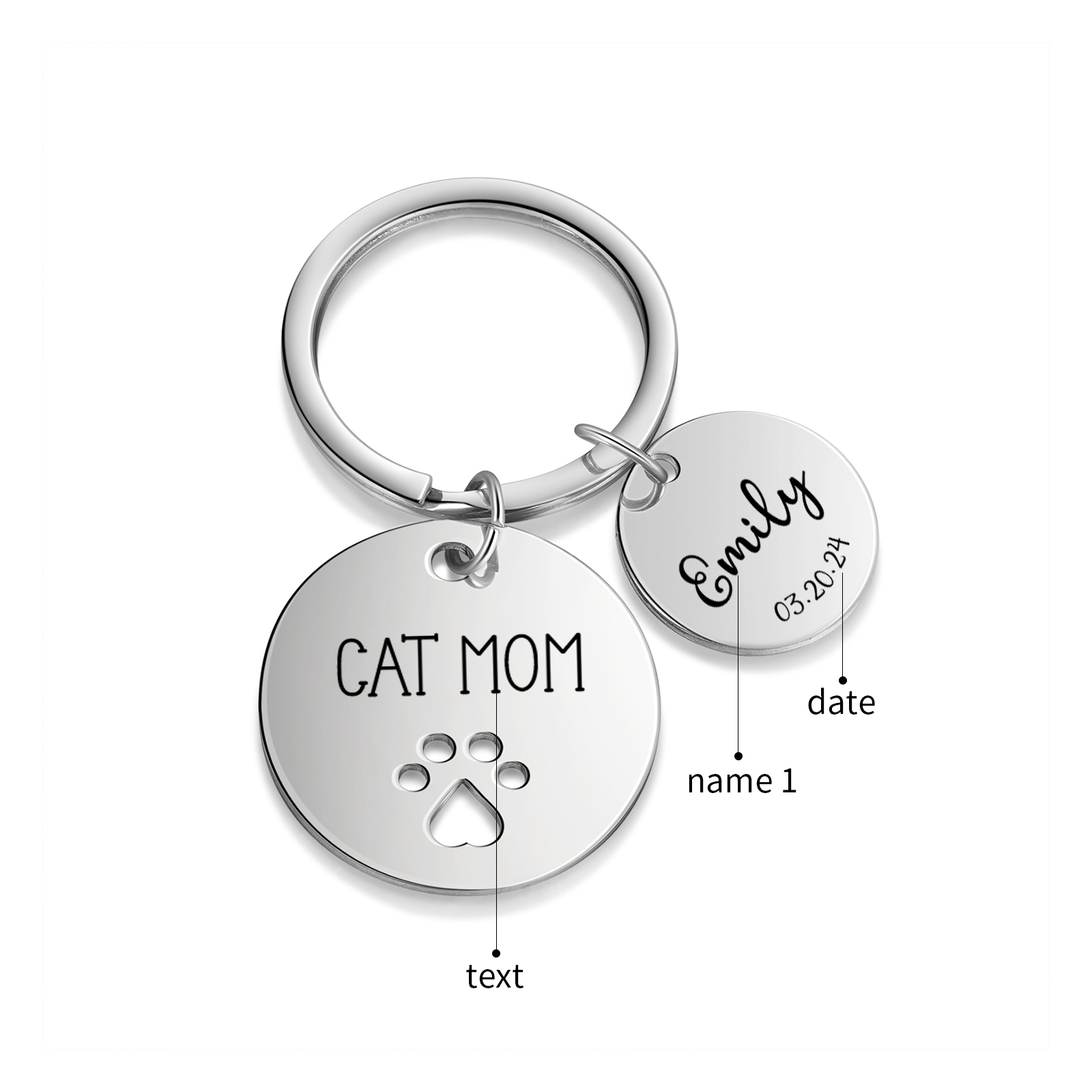 Personalised 1 Name & 1 Date & 1 Text Keychain Cat Paw Circle Charm Keychain Gifts for Mother/Grandma-Jessemade AU