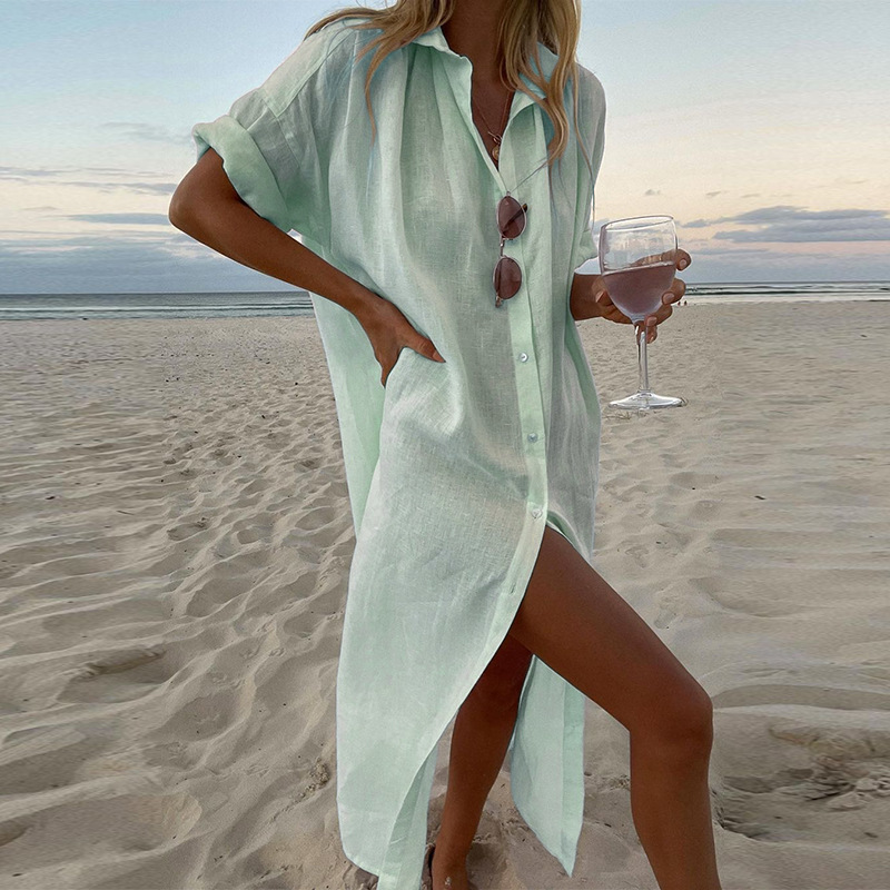 Rotimia Pure Color Leisure Long Sleeves Medium Length CottonShirt Dress