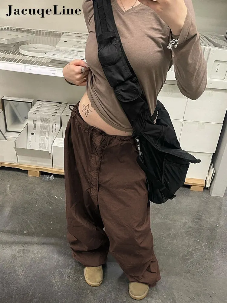 Jacqueline 2022 Summer Retro Brown Cargo Pants Women Drawstring Casual Loose Trousers Hippie Wide Leg Pants Jogger y2k clothes
