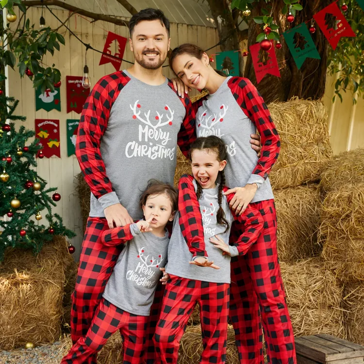 Merry Christmas Antler Letter Print Plaid Design Family Matching Pajamas Sets  Stunahome.com
