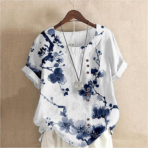 Women's Elegant Watercolor Art Simple Flowers  Cotton And Linen Short Sleeve Top